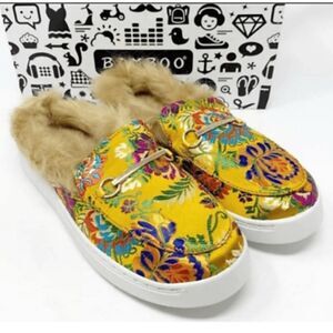 BAMBOO Floral Yellow Mules with Faux Fur